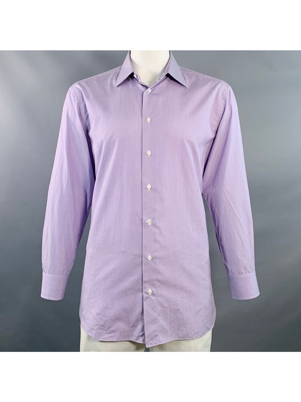 BRIONI Size XL Purple White Stripe Cotton Curved Cutaway Long Sleeve Shirt